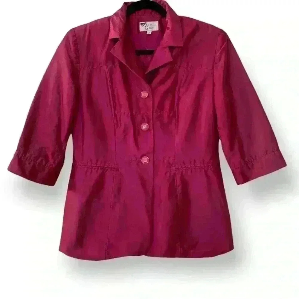 Madison Gray Silk Fuchsia Pink 3/4 Blazer Jacket